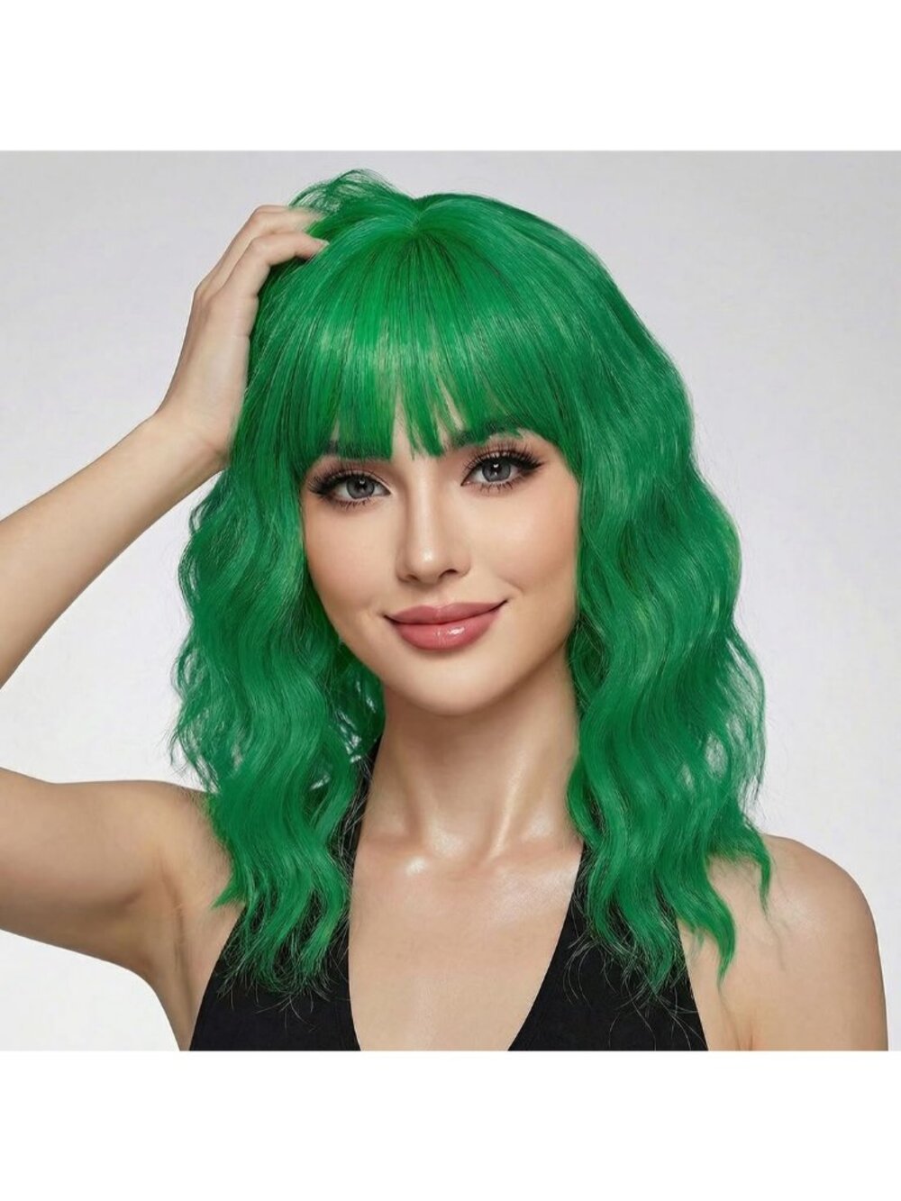 Women's Green 14 Inch Short Shoulder Length Synthetic Bangs Wavy Bob Wig